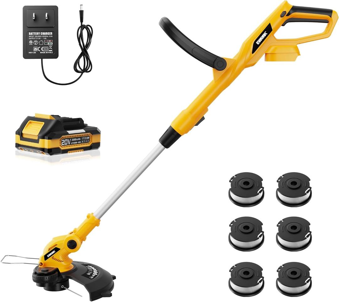 EWORK 20V 12-Inch Electric String Trimmer Cordless, 2.0Ah Battery Powered Weed Eater, 2 in 1 Trimmer and Edger with Auto Line Feed, Electric Weed Wacker for Lawn, Garden, Yard, etc (Yellow)