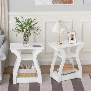 FROMJBEST End Tables Living Room Set of 2,End White Table with Charging Station, Side Table, Nightstand for Bedroom, 3 Tier End Table with Storage Shelf for Living Room White
