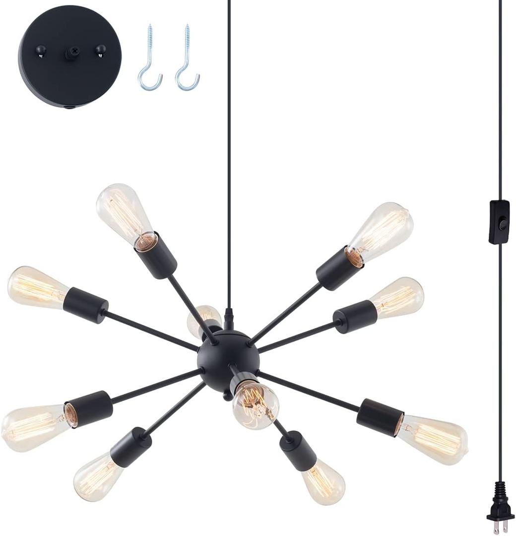 Plug in Sputnik Chandelier 10-Lights Pendant Light with 16.4 ft Cord On/Off Switch Mid Century Modern Industrial Hanging Chandelier for Dining Living Room Kitchen Island, 3-Way Install, 22"