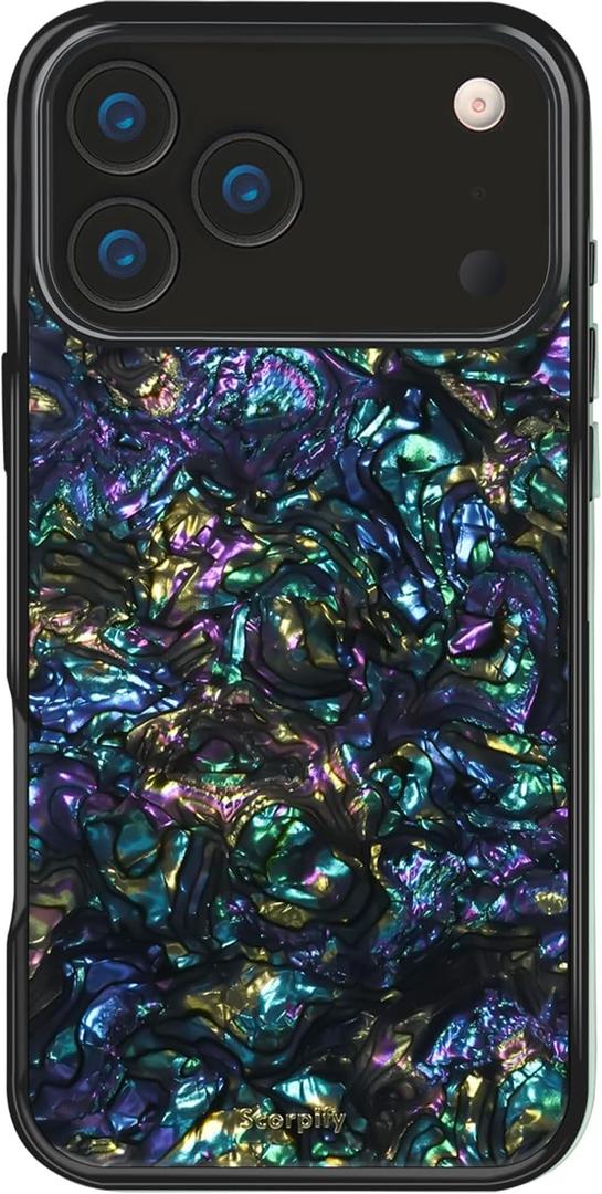SCORPIFY for iPhone 17 Pro Case [Compatible with MagSafe] with Gleam Mystic Abalone, Cute Magnetic Phone Cover Bumper for Women Girls and Men, Black Glitter Sparkle Iridescent with Mother of Pearl