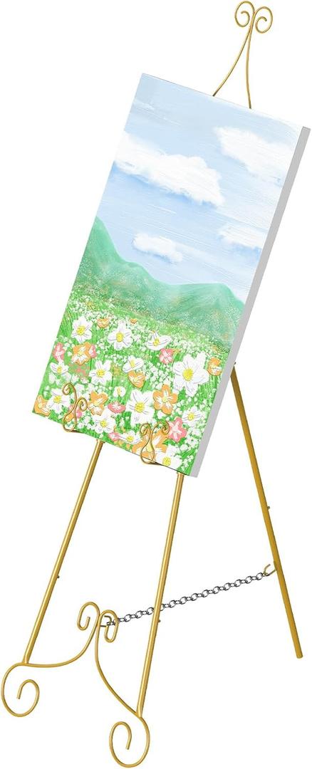 1 PC Gold Easel Stand for Sign, Metal Sign Holder, Adjustable Wedding Sign Stand with Chain Support, Sign Holder for Display, Party Painting.