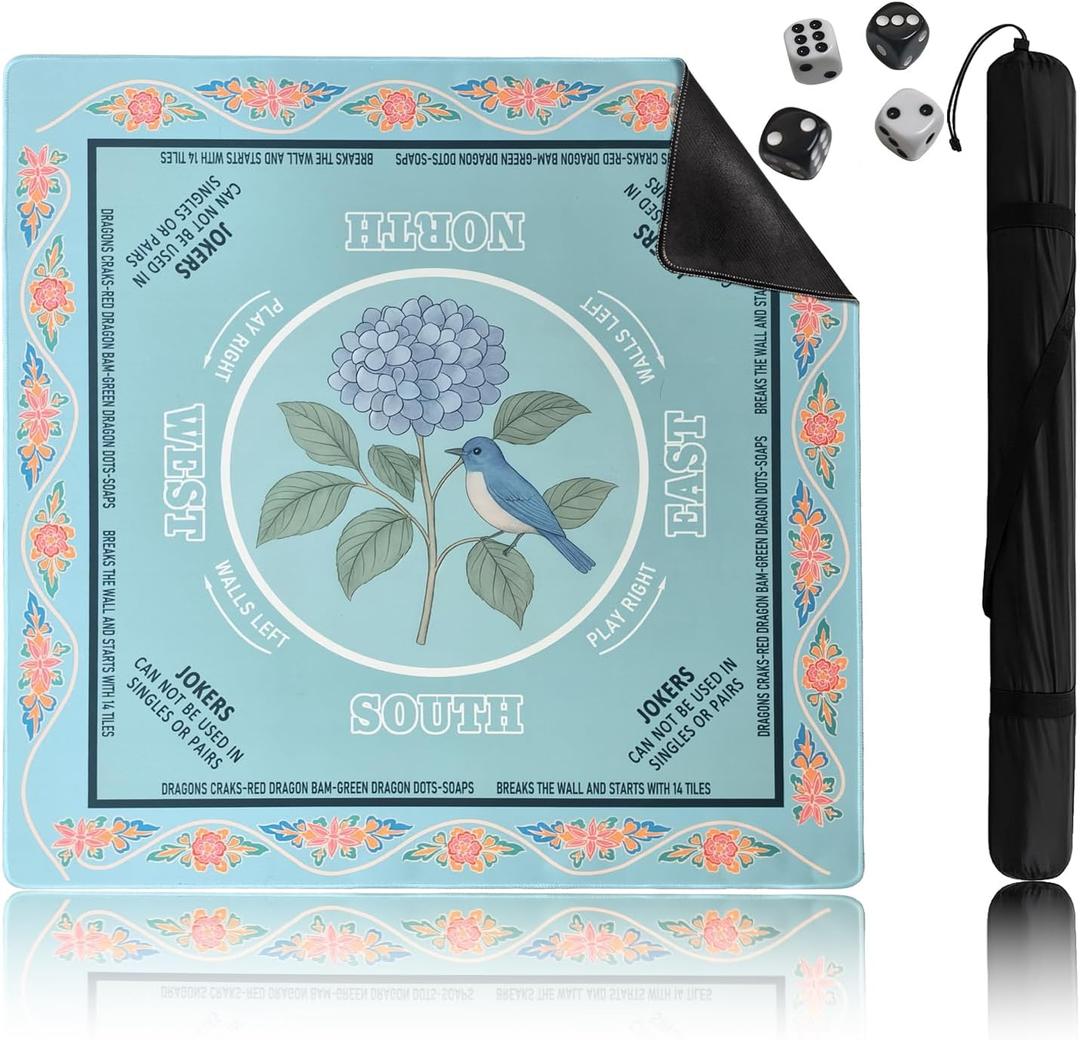 Mahjong Mat for Table, 31.5 x 31.5 Inches, Waterproof Non-Slip Noise-Reducing Mahjong Game Mat, Hydrangea Pattern, Easy-Clean Surface with 4 Dice for Home & Travel