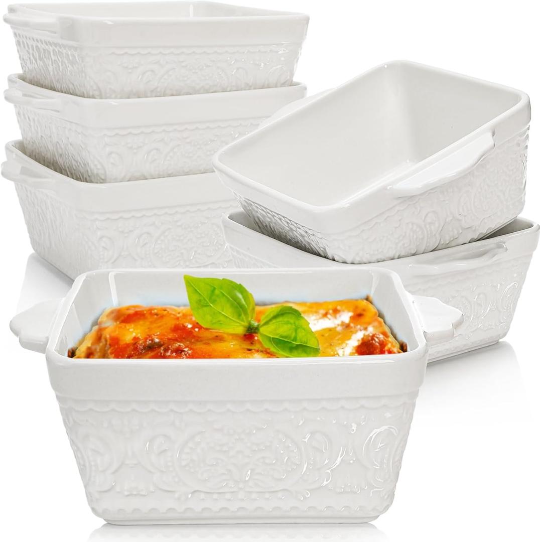 6 Pack 13 OZ Ceramic Baking Dishes, 4.5" Mini Square Bakeware Set, Small Baking Pan with Handle, Individual Casserole Dish for Oven, Roasting, Lasagna, Pie, Gratin, Microwave Safe, White