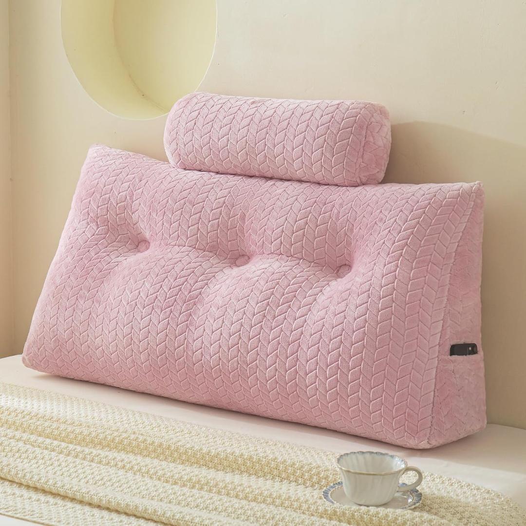 YOUR MOON Wedge Headboard Pillow Twin with 1 Pack Neck Roll Pillow, Triangular Wedge Backrest Pillows Headboard for Bed,Daybed,and Lounging, Large Bed Bolster Pillows,Pink