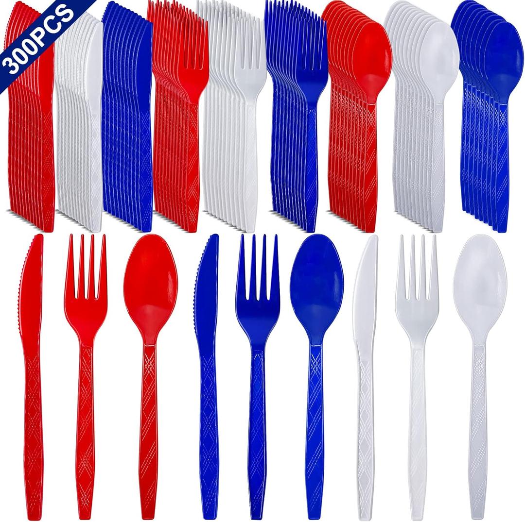 300 Pcs 4th of July Decorations Red White and Blue Party Supplies, Patriotic Plastic Silverware Set 250th Anniversary Disposable Utensil Cutlery 100 Spoons 100 Forks 100 Knives Memorial Day