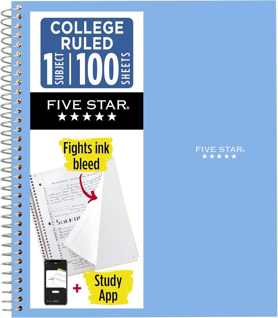 Five Star Spiral Notebook + Study App, 1 Subject, College Ruled Paper, 8.5" x 11", 100 Sheets, Blue (72565)