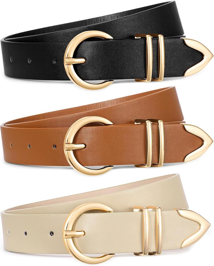 3 Pack Women's Belts for Jeans Dresses Fashion Ladies Skinny Leather Belt with Gold Buckle for Pants (Black+brown+beige)