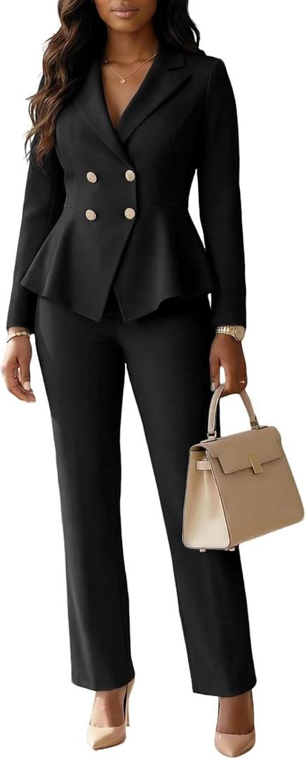 Ophestin Business 2 Piece Pant Suits for Women Dressy Blazer Double Breasted Pantsuit Set Formal Casual Work Outfits, Size: X-Large