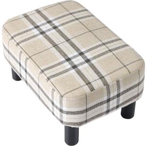 IBUYKE 16.54" Small Footstool, Linen Fabric Pouf, with Padded Seat Pine Wood Legs and Padded Rectangular Stool, for Bedroom, Stripe RF-BD215