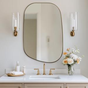 ANDY STAR Gold Bathroom Mirror, 24"x32" Brushed Brass Asymmetrical Wall Mirror in Stainless Steel Metal Frame, Unique Vanity Mirror with Modern Curved Design, Ideal for Bathroom, Bedroom, Entryway