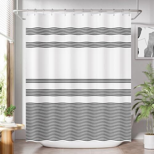 AmazerBath Shower Curtain, Striped Black Fabric Shower Curtain Set with 12 Shower Curtain Hooks, Rustic Cloth Black and White Curtain, Farmhouse Bathroom Shower Curtain Sets, 72x84 Inches