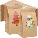 Harloon 100 Pcs Small Christmas Bakery Bags with Window 3.54 x 2.36 x 6.69 Inches Xmas Kraft Paper Iron Wire Tie Tab Lock Bags for Bakery, Cookie, Coffee Bean, Candy, Snack