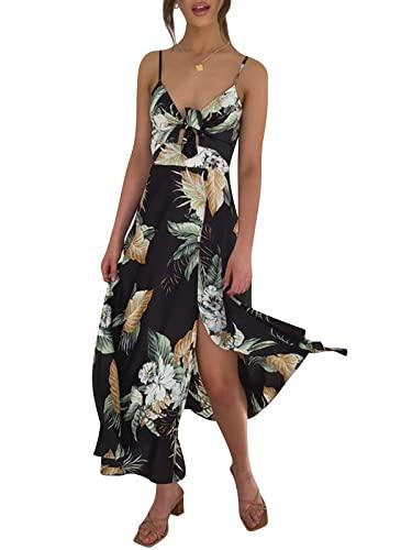 Fashionme Women Spaghetti Strap Midi Satin Dresses Tie Front Backless Slit Cutout Dress Semi-Formal/Casual Flowy Lightweight Black 2XL