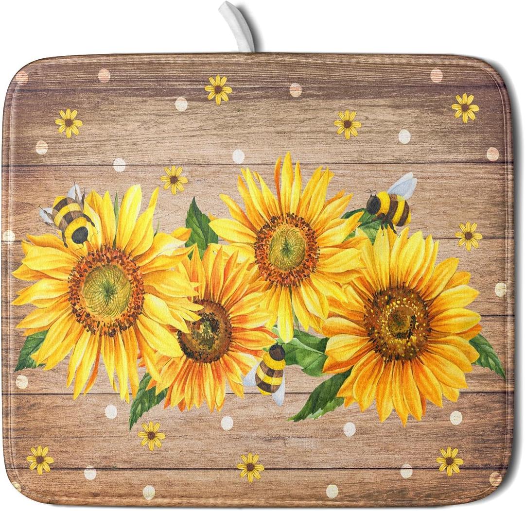 Sunflower Bee Dish Drying Mat for Kitchen Counter Home 16x18 Inch Wood Barn Microfiber Drainer Rack Mats Washable Absorbent Dish Dry Pad