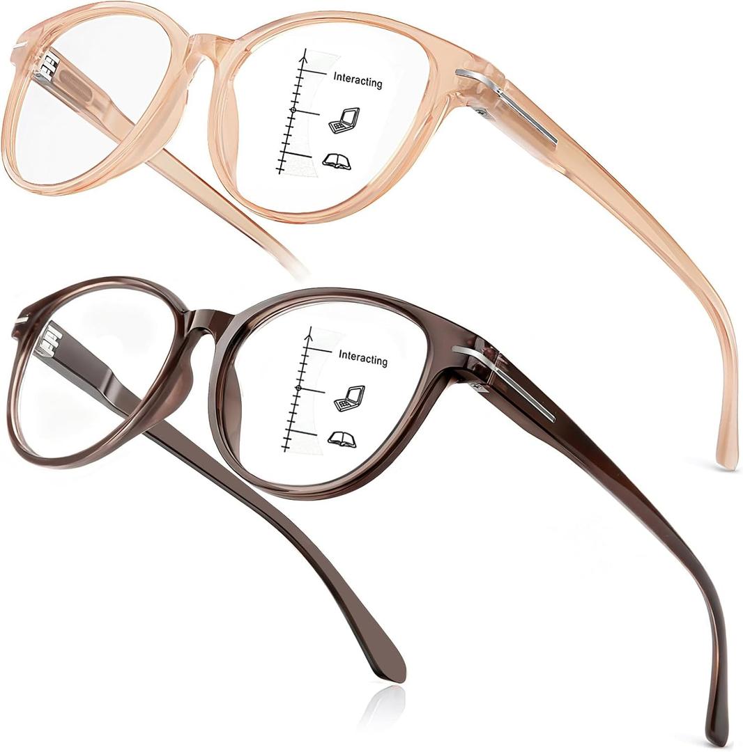 2 PCS Distinctive Progressive Multifocus Reading Glasses Women, Retro Anti Blue Light/Eye Fatigue/UV Computer Readers, Vintage Lady No-Line Multifocal Eyeglasses (Brown&Light Apricot, 3.0x)