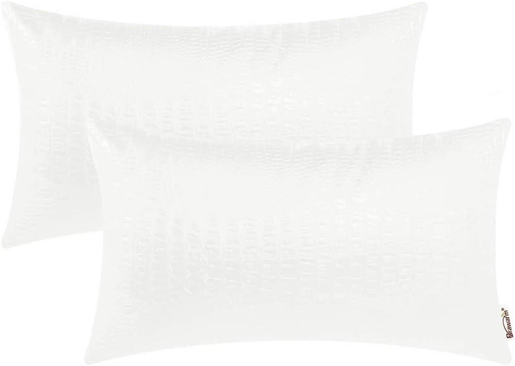 BRAWARM Faux Leather Pillow Covers 12 X 20 Inches, White Leather Pillow Covers Pack of 2, Crocodile Leather Decorative Lumbar Throw Pillows for Living Room Couch Bed Sofa Home