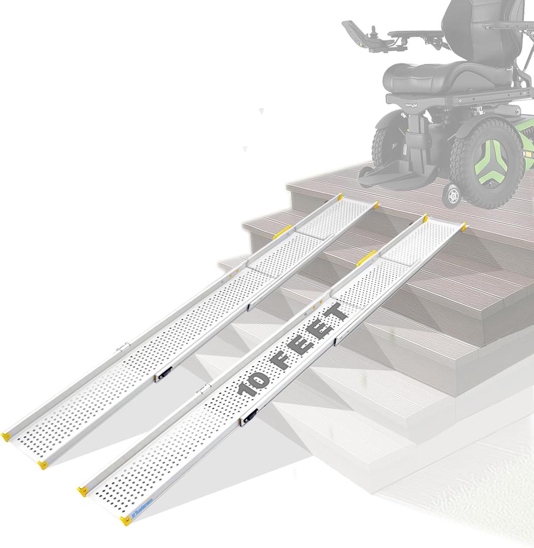 Ruedamann 10FT Wider Adjustable Wheelchair Ramp, Lightweight Portable Ramp for Wheelchair, Strong Capacity for Electric Scooters, Telescopic Aluminum Wheelchair Ramp for Home, Doorways