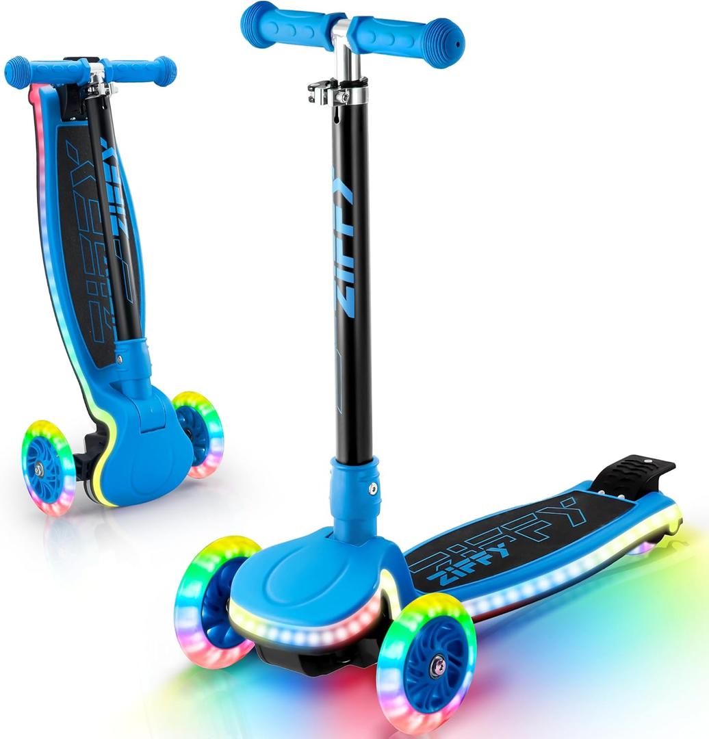 ZIFFY 3-Wheel Light-Up Kids Scooter, Kids Balance Scooter for Boys Girls with 20 Dynamic LED Lights, 4 Adjustable Height, Lean-to-Steer Design with Anti-Slip Wide Deck for Stability - Up to 110LBS (Blue)