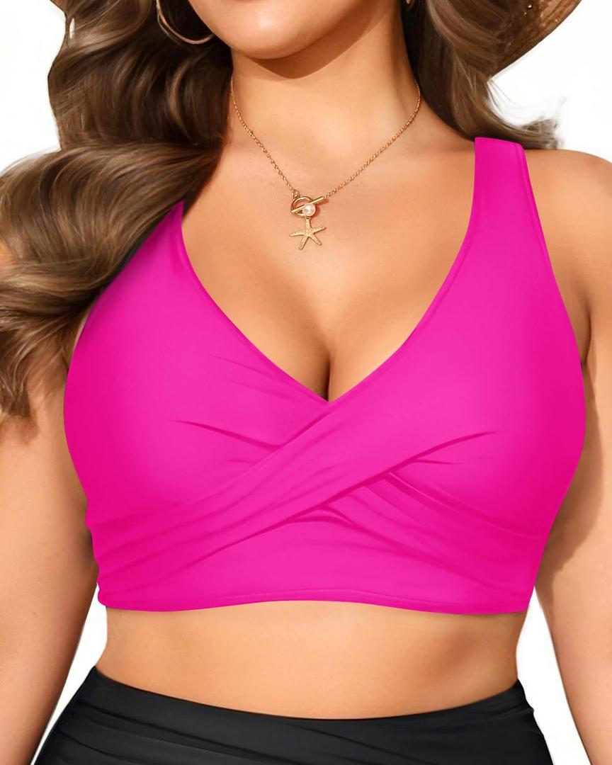 Women Plus Size Bikini Top - Hot Pink Twist Front Swimsuit Top Push Up Full Coverage Bathing Suit 2025 Swim Bra for Large Bust 22W