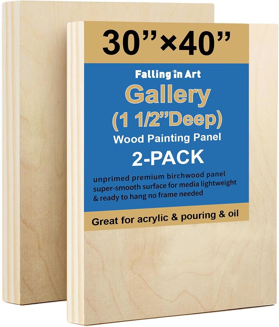 Falling in Art 2 Pack Unfinished Wooden Canvas Panels, 30x40 Gallery Birch Wood Panels Kit, 1 1/2" Deep Art Cradle Boards for Acrylic Painting, Pouring and Burning