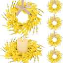 6 PCS 9'' Mini Spring Forsythia Wreath for Front Door Small Artificial Forsythia Farmhouse Kitchen Cabinet Wreaths with Burlap Ribbon Hanging Spring Summer Floral Wreaths for Porch Wall Window Decor