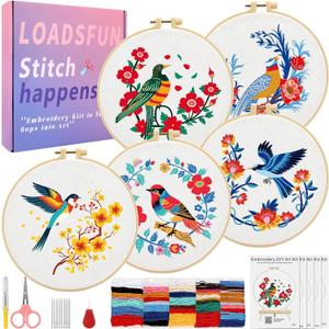 LOADSFUN 5 Pack Embroidery Kit for Beginners - Needlepoint Kits for Adults Step by Step Instructions with Video Tutorials, Full Craft Tool Set with Hoop, Needles and Threads (Cute Animal)