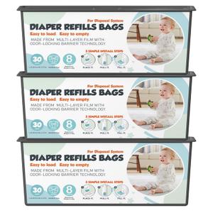 Diaper Pail Refills Bags with 30 Bags Compatible with Genie Easy Roll Signature and Platinum Diaper Pails, 7-Layer Odor-Barrier Technology, 3 Pack (90 Bag)