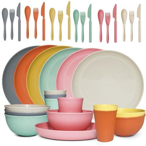36 pcs Wheat Straw Dinnerware Sets DAPIPIK Unbreakable Reusable Dinnerware Set ，Lightweight Camping Plates Cups and Bowls Set. Dishwasher Microwave Safe Dinnerware