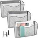 EASEPRES 3 Single Pocket Mesh Hanging File Organizer, Vertical Wall Mounted Magazine File Holder, Mount Basket Mail Paper Document Folder Organizing for Office, Home and School, Silver