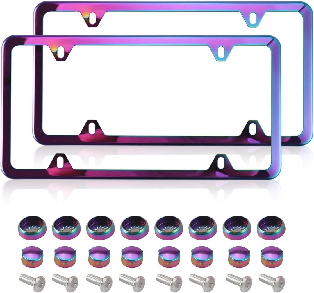 2 Pack Iridescent License Plate Frame, Stainless Steel Rustproof License Plate Bracket, 4-Hole Universal US License Plate Holder, Weatherproof Mirror Polish Rainbow Frame with Screws & Caps