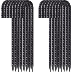 FEED GARDEN 12 Inch 16 Pack Rebar Stakes Heavy Duty J Hook, Galvanized Ground Stakes Tent Stakes Steel Ground Anchors, Chain Link Fence Stakes, Trampoline Stakes, Black