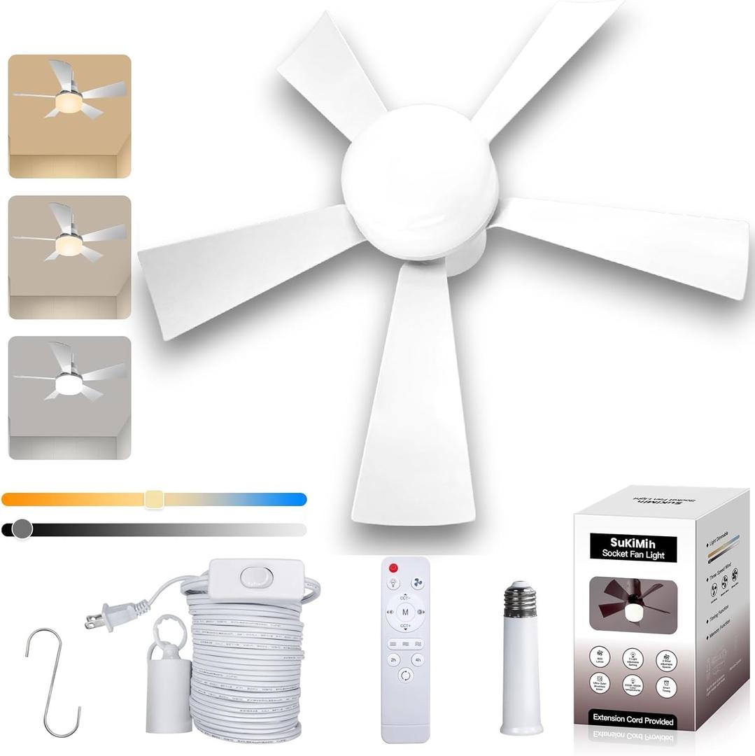 Socket Fan Light, 20.5", Plug in Ceiling Fan, Gazebo Fan, Outdoor/Indoor, 16.4 Ft Cord with Hook UL Listed, Ceiling Light with Remote (white)