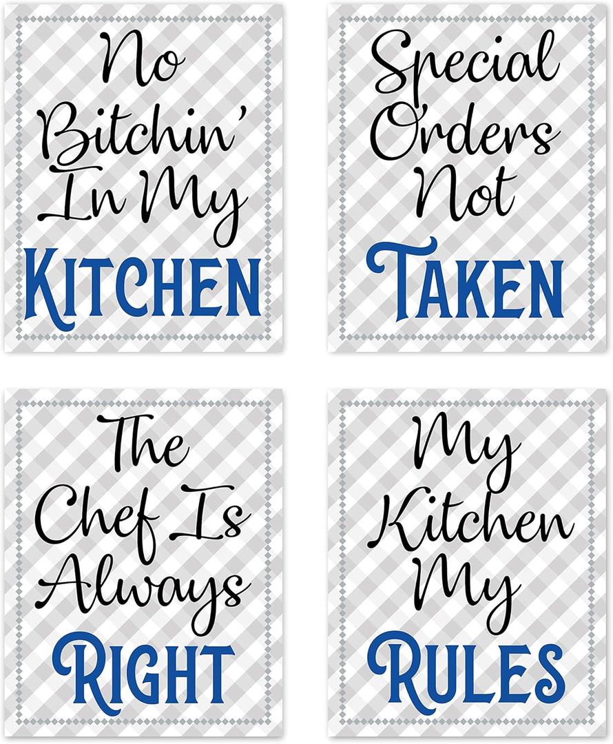 Retro Vintage Inspirational Rules Wall Art for Dining Room Kitchen Cafe and Restaurant Decor Blue Black Gray and White Prints Posters Signs Sets Home Decorations Funny Sayings Quotes No in' In My