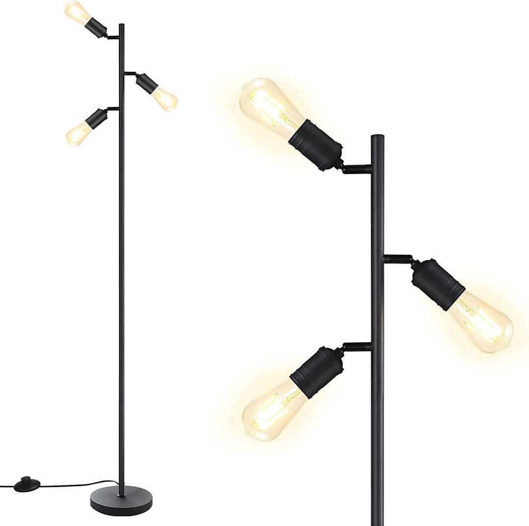 Industrial Standing Lamp with 3 Adjustable Rotating Lights - Tree Floor Lamp for Living Room, Bedroom, Home, Office (E26 Edison Bulb, Black)
