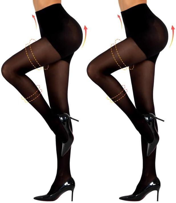 Yilanmy 2 Pairs Control Top Pantyhose for Women, 50D Semi Opaque Tights with 10-15mmHg Compression Support (Black, M)