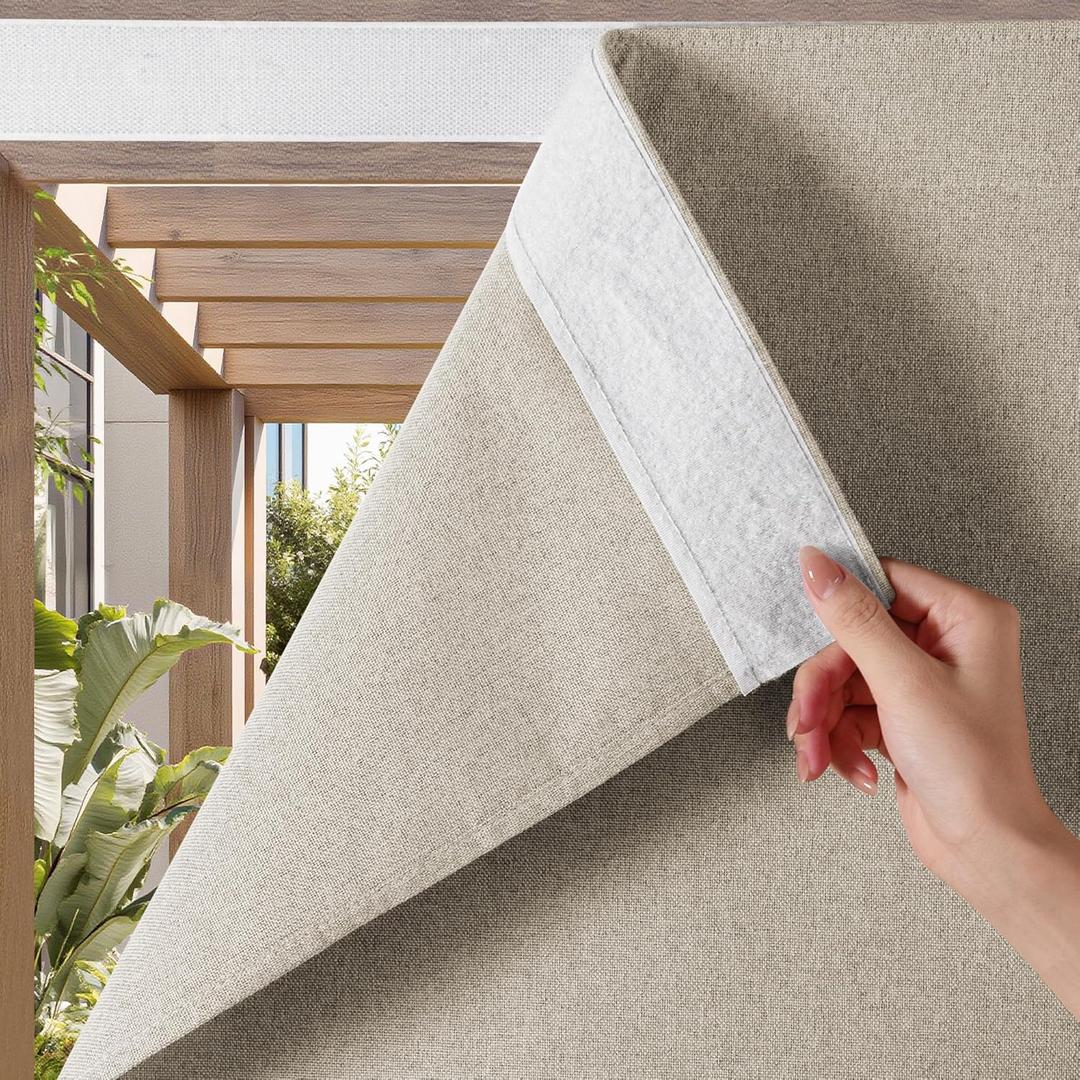 NICETOWN 100% Blackout Linen Outdoor Curtains for Patio, Waterproof & Windproof Gazebo Curtains Sticky-Back Top & Back Tab Bottom, Sun Shades with 2 Straps & Rope, W52 xL84, Natural, 2 Panels