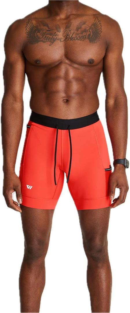 WOLACO Sprint Half Tight Compression Shorts with Phone Pocket for Men (Small, Lava (8 Inch))