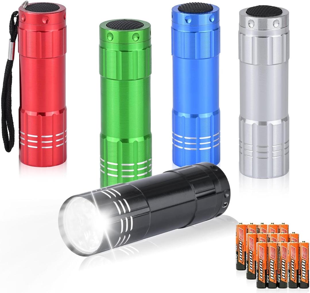 5 Pack of Flashlights 9 LED Mini Aluminum Flashlight Bulk with Lanyard 15 AAA Batteries Included Assorted Colors Handheld Flashlights for Hurricane Supplies Camping, Night Reading, Cycling