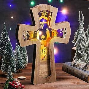 Bucherry Christmas Nativity Scene Ornament Wooden Nativity Set Christmas Ornament Religious Rustic Christmas Nativity Ornaments Scene Decorations with LED Light for Shelves Tables Decorations (Cross)