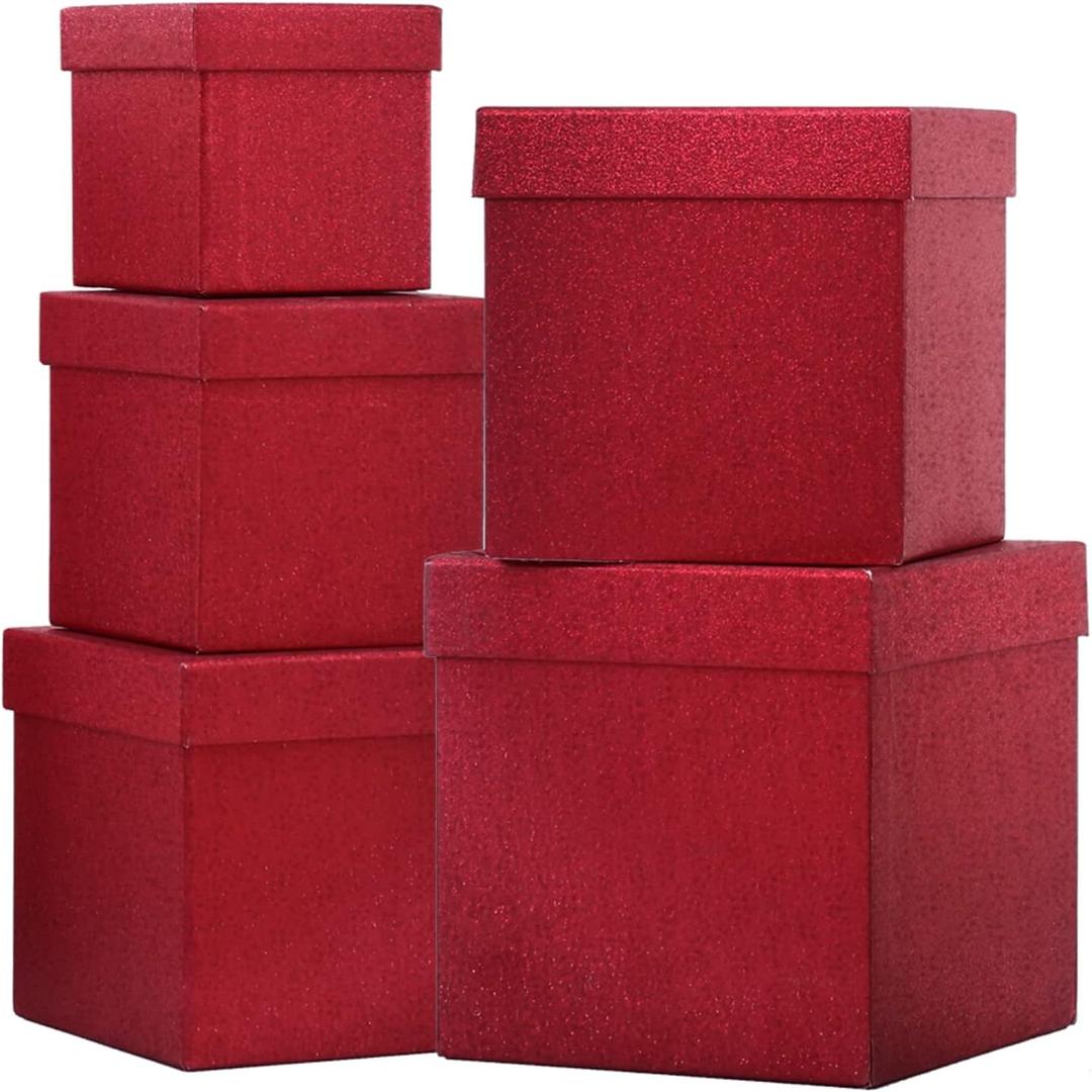 UNIQOOO 1 Box Red Glitter Xmas Gift Box Set with Lid, Assorted Size, Square Nested Wedding Keepsake Boxes, Holiday Paper Box Tower For Birthday Party, Mother's Day Gift Wrap Packaging
