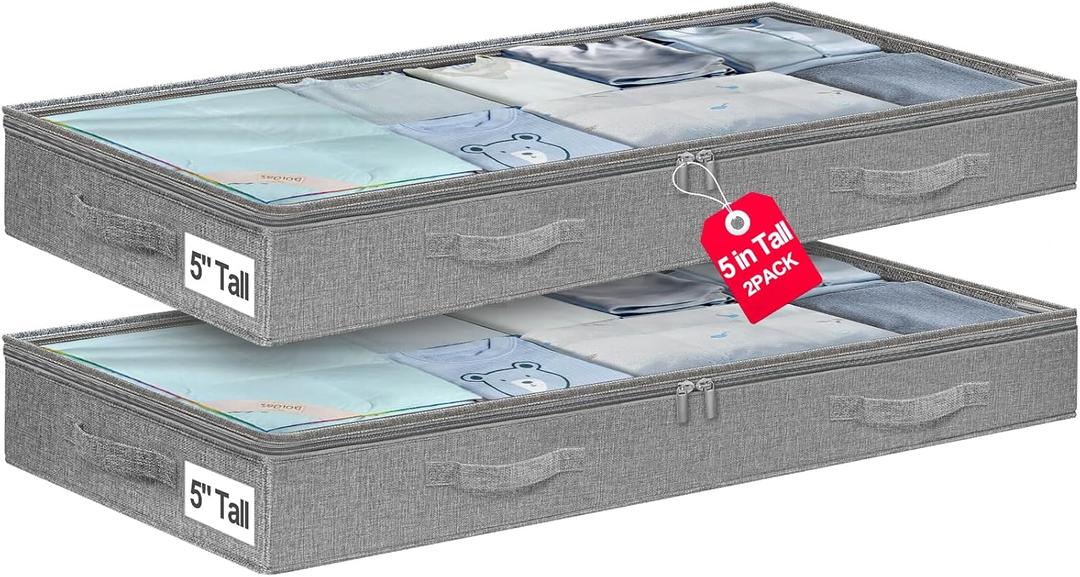 punemi 5 Inches High Low Profile Under Bed Storage ContainersNo-Structure,Soft Fabric Zippered Underbed Storage bins for Clothes and Blankets Fits Under Crib, Couch or Dorm bed,2-Pack,Grey
