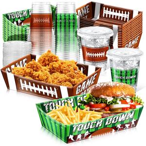 100 Pcs Football Party Supplies Kit for 50: 50 Football Paper Food Trays Serving Boats & 50 16oz Football Plastic Cups With Lids - for Tailgate Events, Disposable & Sport Theme Birthdays