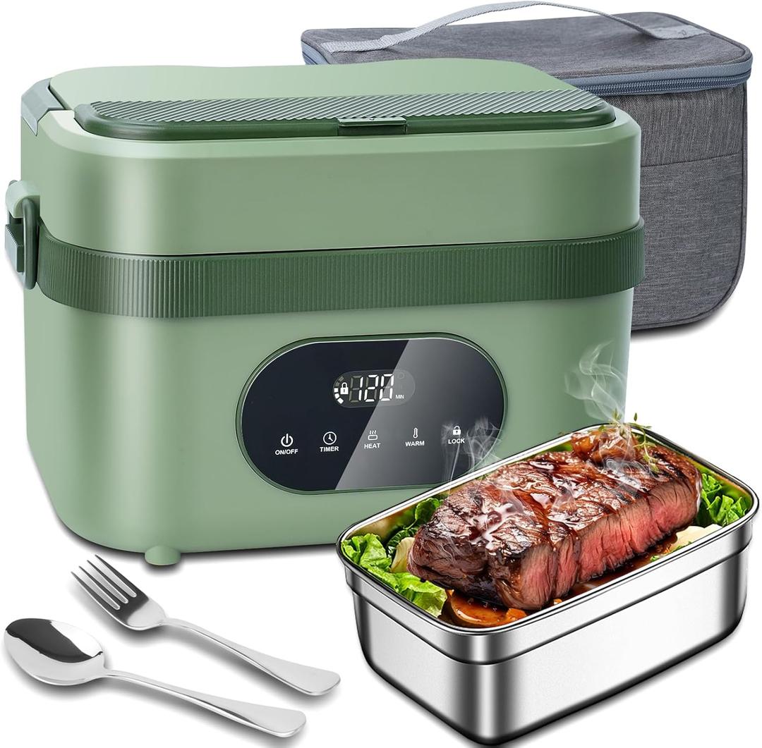 MDHAND Heated Lunch Box - Cordless Electric Lunch Box for Adults, 18000mAh Battery Powered Self Heating Food Warmer for Office Work Car Travel Outdoors, Scheduled Heating & 1.5L Stainless Container (Green)