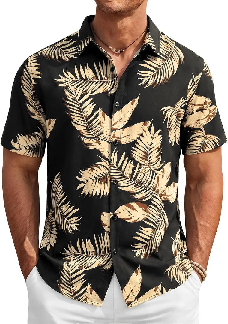 Runcati Mens Button Down Linen Shirt Short Sleeve Summer Beach Wedding Tops (Black, L)