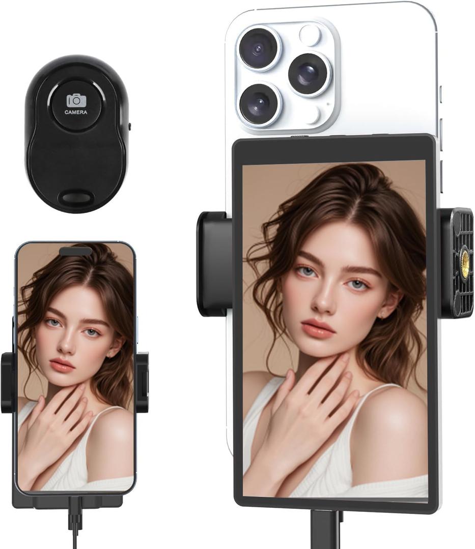5'' Upgraded Selfie Monitor Screen for iPhone, Portable Back Camera Monitor with Strong Magnetic Phone Clip, Low Latency, Remote Control, Compatible with iPhone & Android for TikTok YouTube (Black)