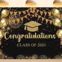 Class of 2026 Graduation Backdrop, Black and Gold Congratulations Party Background, Grad Prom Celebration Balloons and Streamers Decorations Banner Photo Booth Props 7X5ft Fabric