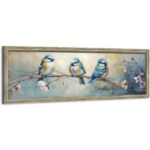 Colorful BlueBird Wooden Wall Art: Rustic Bird Framed Painting Vintage Sparrow Picture Cute Chickadee on Flower Branch Prints Countryside Artwork Decor for Living Room Bedroom Farmhouse (36"L x 12"W)