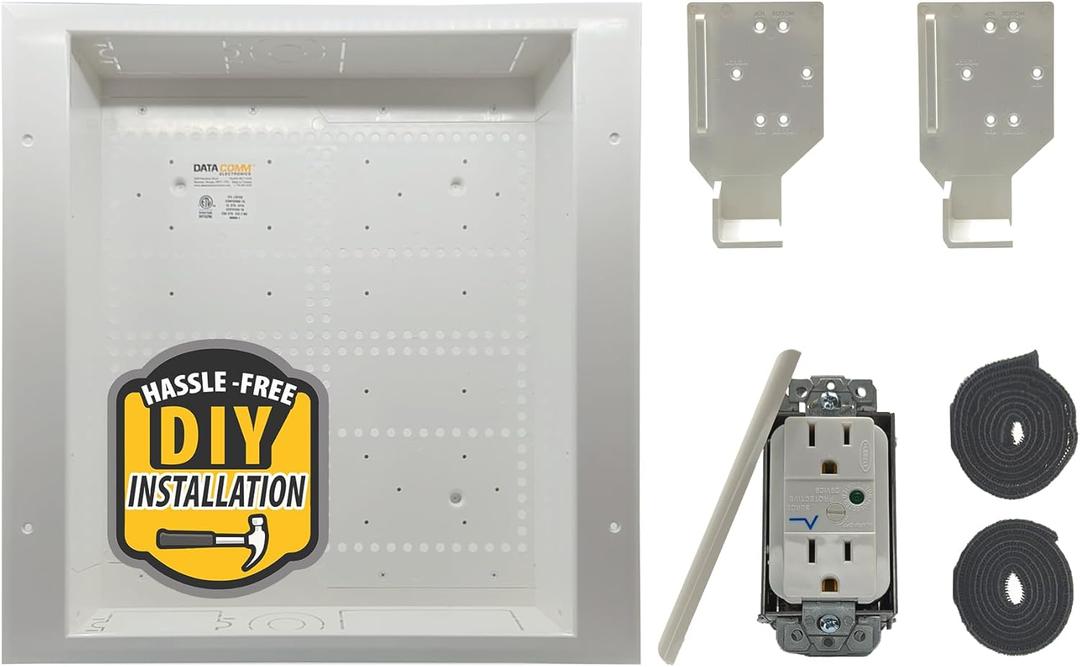 DataComm Electronics Connected Media Box with 15 A/125 V Duplex Surge Suppressor Receptacle, In-Wall Cable Management Box for Power Source & Cables, DIY-Friendly Cord Hider for Wall-Mounted TV