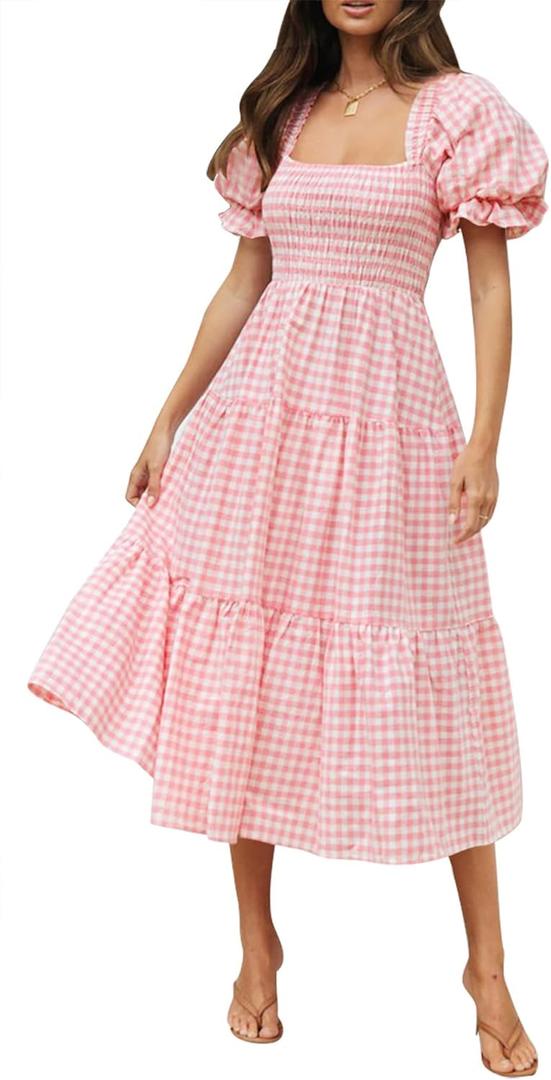ZESICA Women's 2025 Bohemian Summer Plaid Square Neck Puff Sleeve Ruffle Flowy Beach Midi Dress (Medium, Pink)