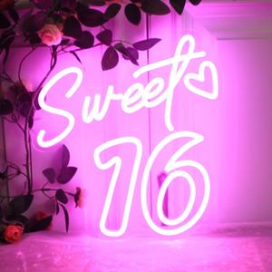 Sweet Sixteen Neon Sign Sweet 16 Neon Light 16th Birthday Pink Led Neon Light for Bedroom Home Wall Decor Birthday Gifts for Girls with Dimmable Switch and USB Powered